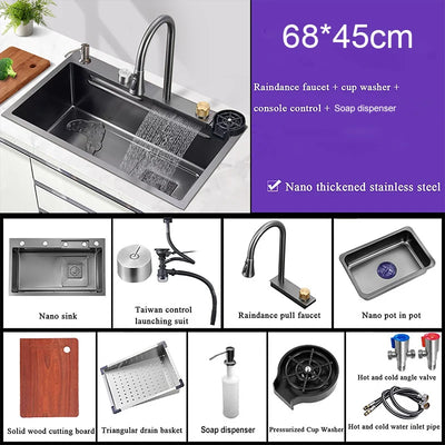 Multifunction Black Nano Kitchen Sink Waterfall Faucet Large Single Bowl Cup Washer Pure Tap Soap Dispenser 304 Stainless Steel