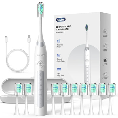 Sejoy Sonic Electric Toothbrush For Adults Tooth Cleaner with 10 Brush Heads Travel Case Built in Smart Timer Sonic Toothbrush