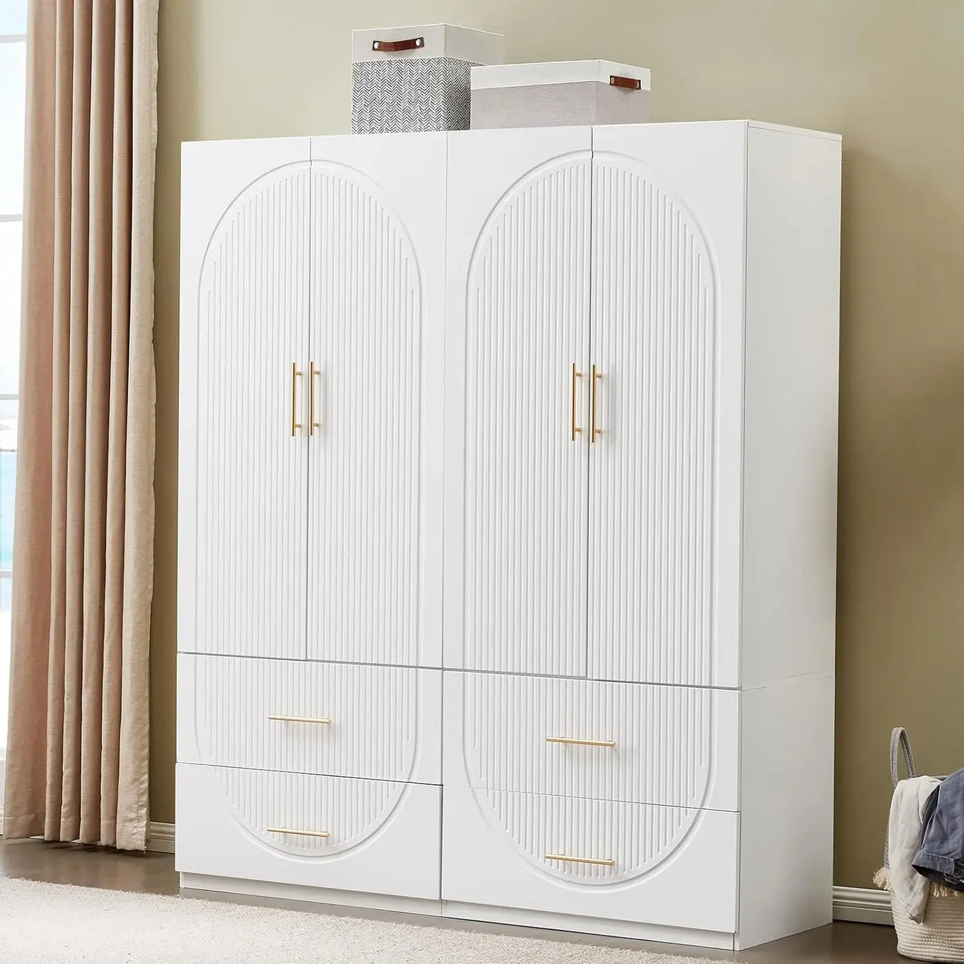 Wardrobe Closet, Bedroom Armoires Cabinet Wooden with Hanging Rod Inside Cabinet and Drawers