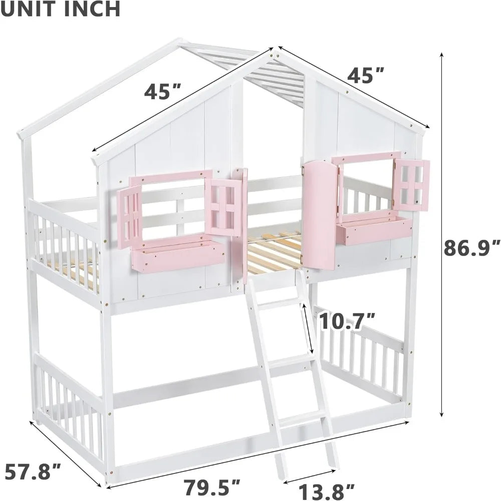 Twin Over Twin House Bunk Bed with Windows,Doors and Boxs, Wood House Roof Floor Bunk Bed Framewith Safety Guardrails and Ladder