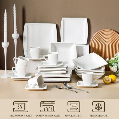 Ivory White Dinnerware Sets 60-Piece Porcelain Plates and Bowls Sets for 12 Square Dish Set with Dinner Plates and Bowls Cups