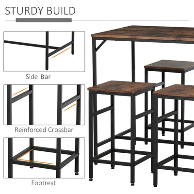 5-Piece Industrial Dining Table Set, Bar Table & 4 Stools Set, Space Saving for Pub & Kitchen, Black/Brown