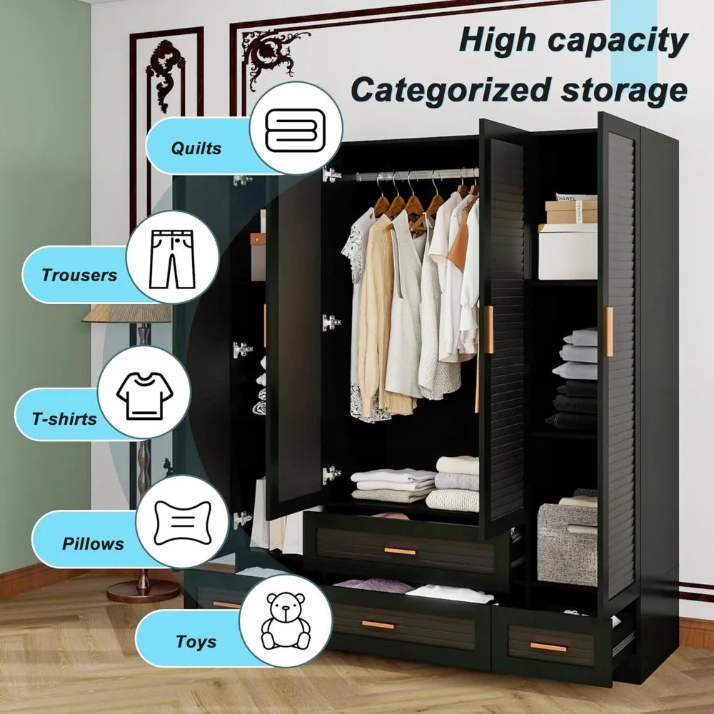 Large Armoire Wardrobe Closet with 4 Drawers, 6 Shelves & Hanging Rod, 4 Louver Doors Wooden Closet Storage Cabinet for Bedroom