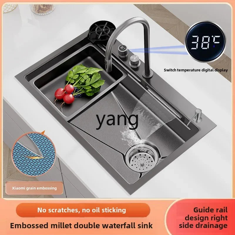 YJQ kitchen sink large single slot embossed small rice waterfall handmade stainless steel vegetable basin under the counter