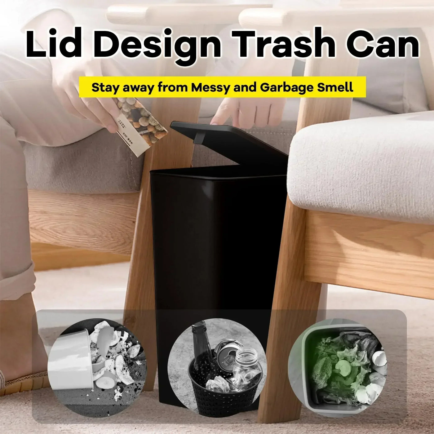 Car Trash Can 10L Small Garbage Bin Press Top Lid Trash Can Kitchen Toilet Bedroom Living Room Plastic Wastebasket