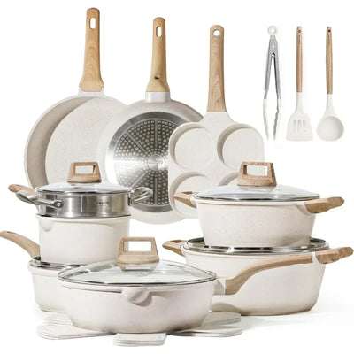 21Pcs Pots and Pans Set, Nonstick Cookware Sets, White Granite Induction Cookware Non Stick Cooking Set w/Frying Pans