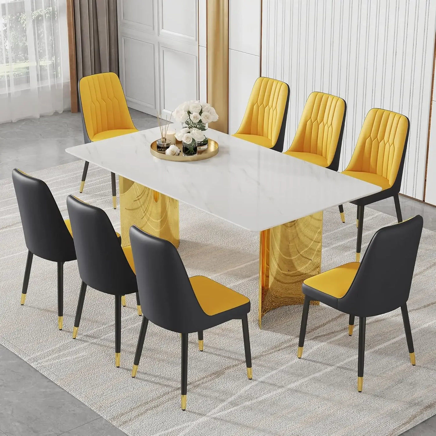 71" Dining Table Set for 8, Faux Marble Top and Gold Chrome Leg Dining Table for Kitchen, Dining Tables Set