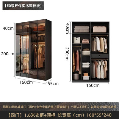 Solid wood wardrobe, bedroom home glass door L-shaped modern light luxury corner cloakroom storage cabinet combination wardrobe