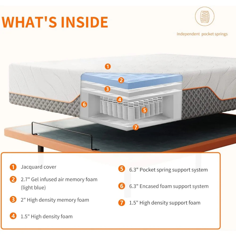 Split King Adjustable Bed Fram with Memory Foam Hybrid 14" Mattress, Minutes Installation, Head and Foot Incline, Bed Fram