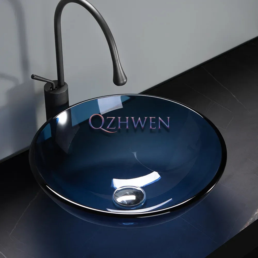 42cm Round Tempered Glass Sink Blue Bathroom Washbasin Hotel Balcony Countertop Art Basin Transparent Bowl Basin With Drain Sets