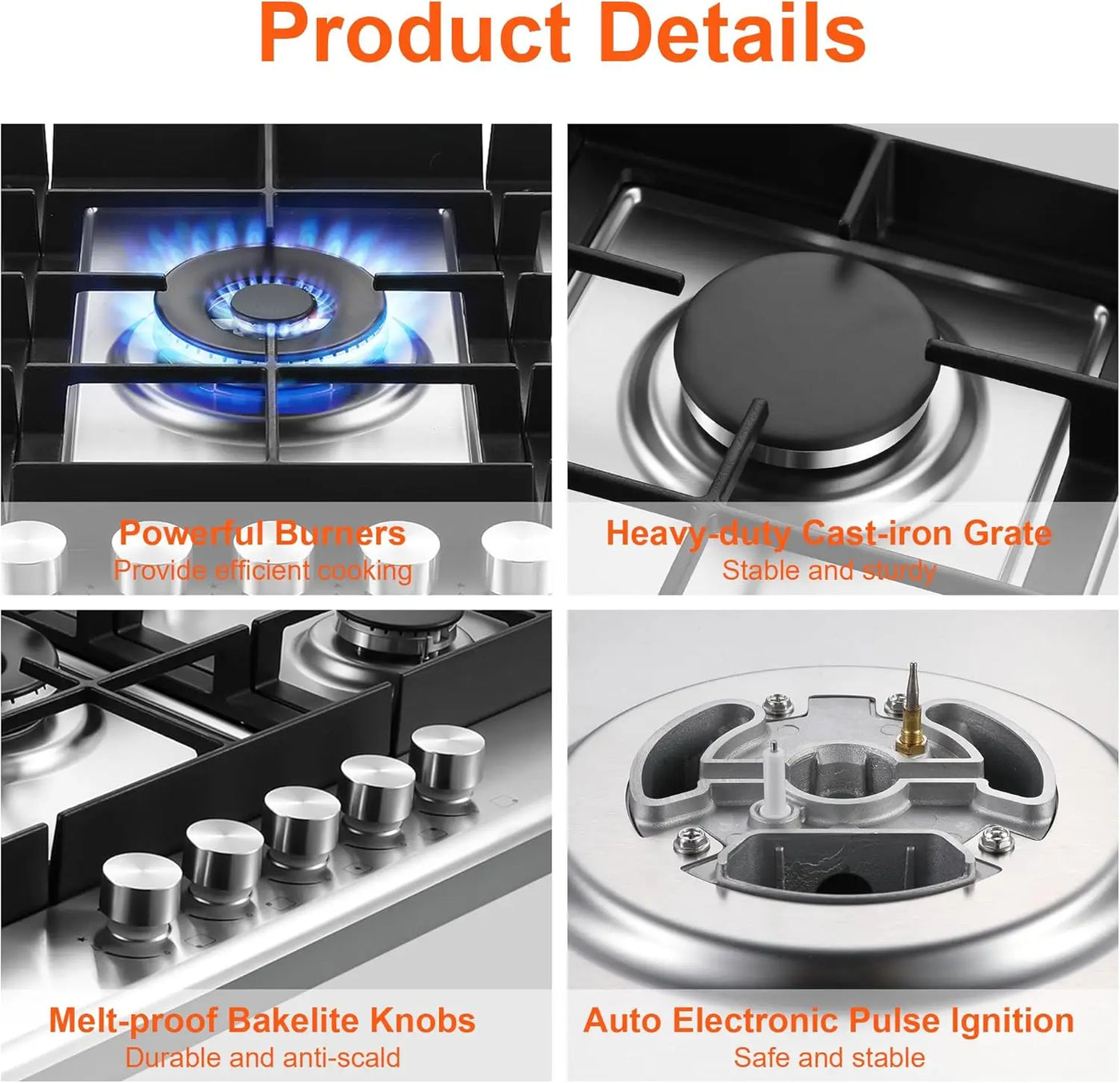 Stove Top with 5 High Efficiency Burners, Bulit-in Stainless Steel Gas Hob for Kitchen, NG/LPG Convertible Gas Stovetop, Thermoc