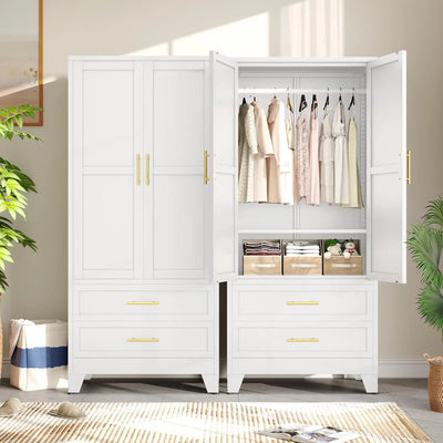 Wardrobe Closet Storage Cabinet with Hanging Rod,71'' Metal Clothing Cabinet with 2 Doors and Adjustable Shelf,2 Drawers for Bed