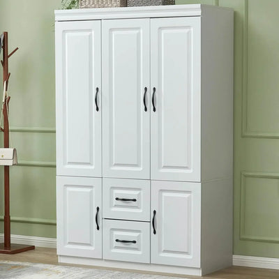 Wardrobe Closet, Bedroom Armoires Cabinet Wooden with Hanging Rod Inside Cabinet and Drawers