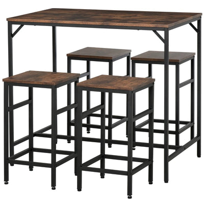 5-Piece Industrial Dining Table Set, Bar Table & 4 Stools Set, Space Saving for Pub & Kitchen, Black/Brown