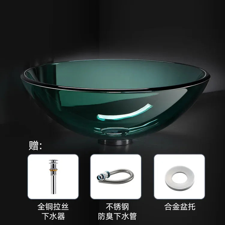 42cm Round Tempered Glass Sink Blue Bathroom Washbasin Hotel Balcony Countertop Art Basin Transparent Bowl Basin With Drain Sets