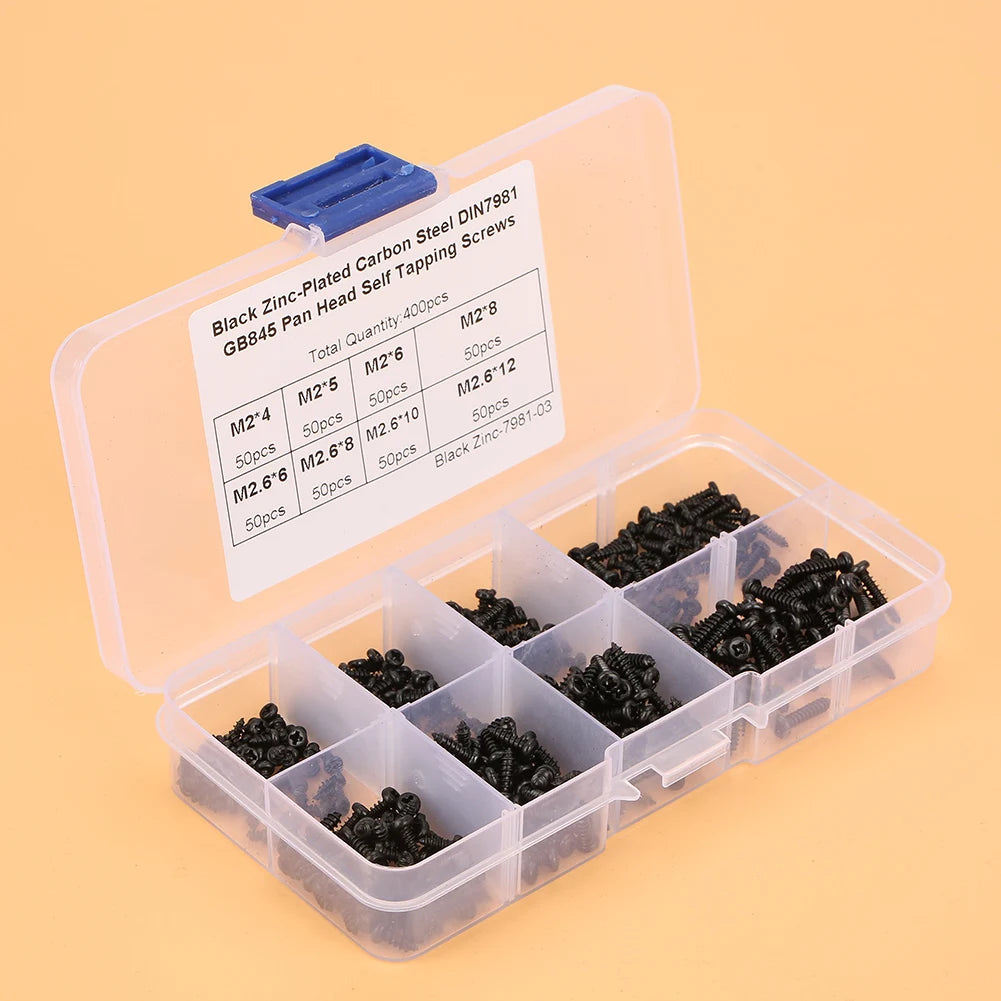 400Pcs Black M2/M2.6 Cross Pan Head Self Tapping Screws Set Assortment Kit Cross pan head self tapping screw set