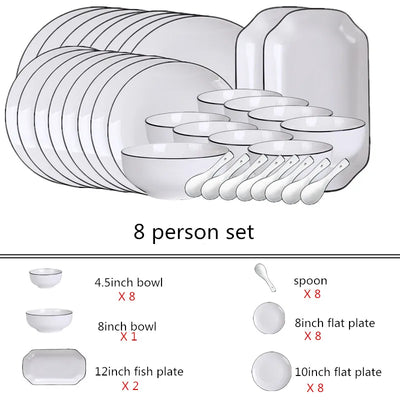 White With Black Edge Dinner Plate Set Ceramic Serving Tray Food Dishes Rice Salad Noodles Bowl Soup Kitchen Dinnerware