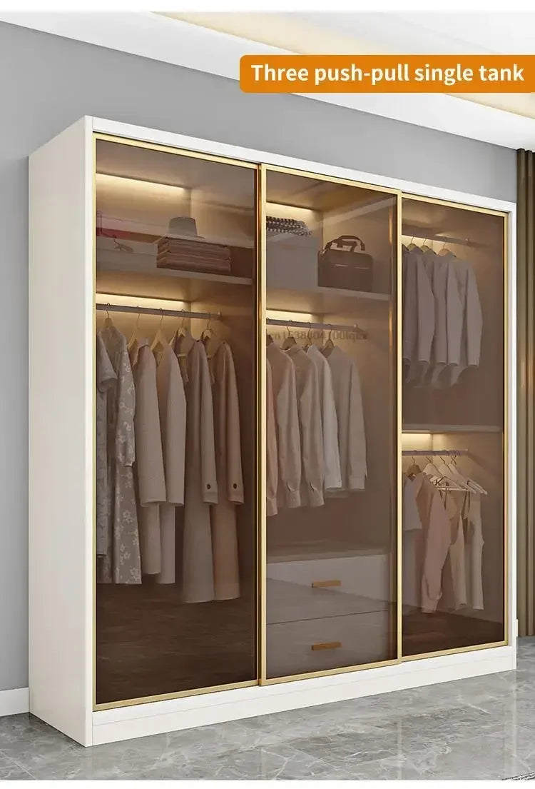 Italian Clothes Cabinet With LED Light And Storage Drawers Transparent Glass Sliding Door Bedroom Wardrobes Luxury Wood Closets