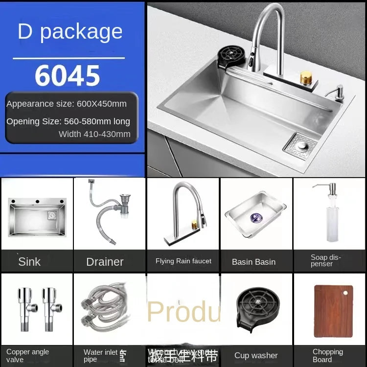 Waterfall Kitchen Sink 304 Stainless Steel Large Single Slot Above Mount Apron Front Waterfall Faucet Vegetable Basin Cup Washer