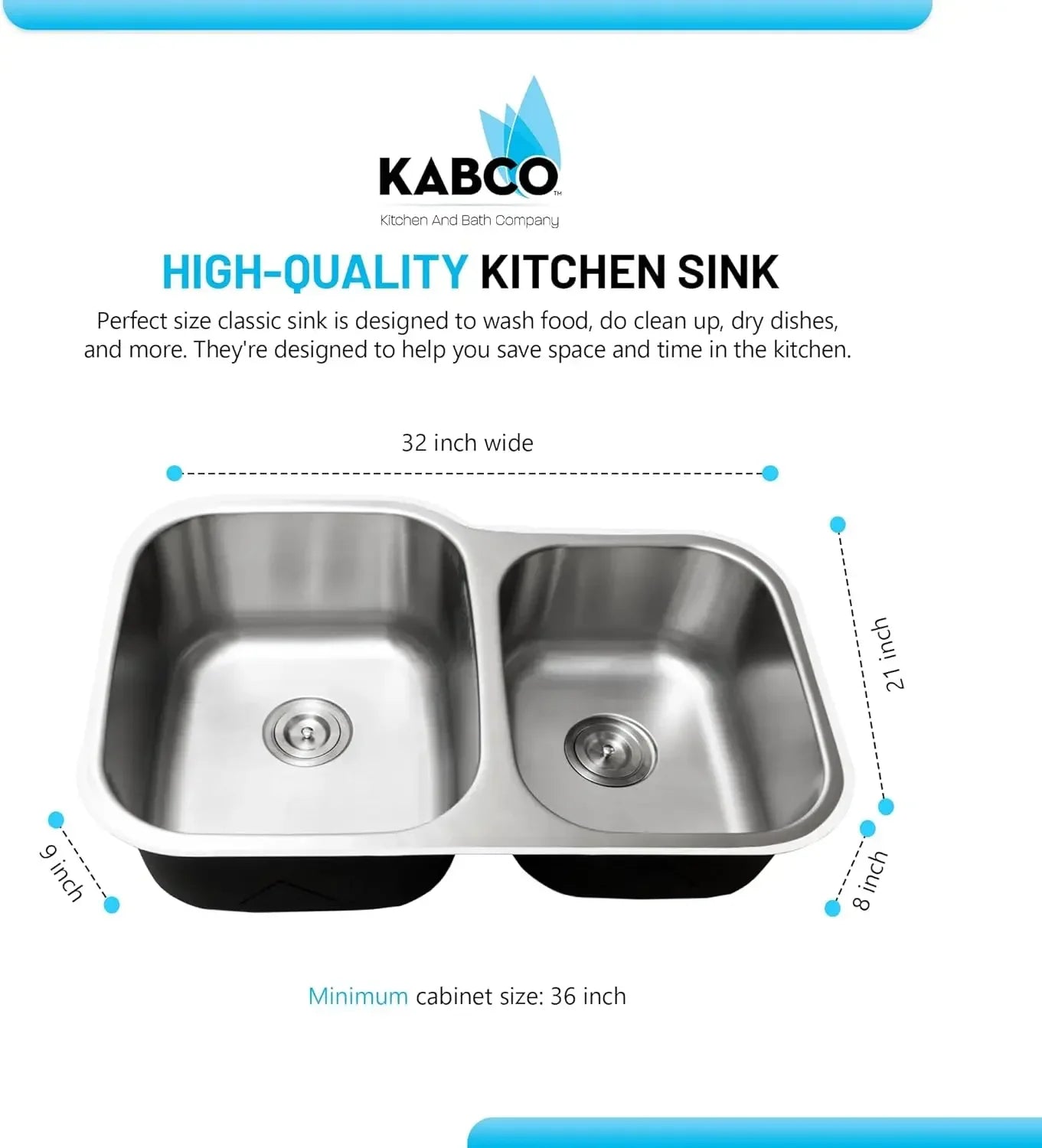 KBFmore 32 Inch Double Equal Bowl Classic Stainless Steel Kitchen Sink with Stainers, Kitchen Organization with Extra Thick 18 G