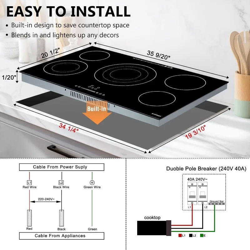 Electric Cooktop 36 Inch, ECOTOUCH Built-in Electric Cooktop 5 Burner Stove Top, 36" Radiant Electric Cooktop Stovetop