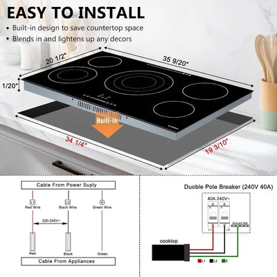 Electric Cooktop 36 Inch, ECOTOUCH Built-in Electric Cooktop 5 Burner Stove Top, 36" Radiant Electric Cooktop Stovetop