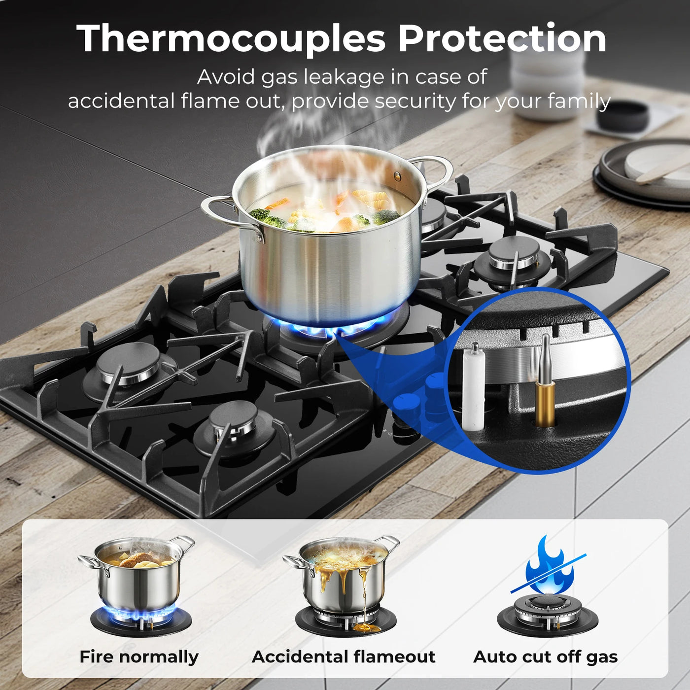 30 Inch 5 Burners Stove Top Built-in NG/LPG Convertible with Thermocouple Protection Gas Cooktop