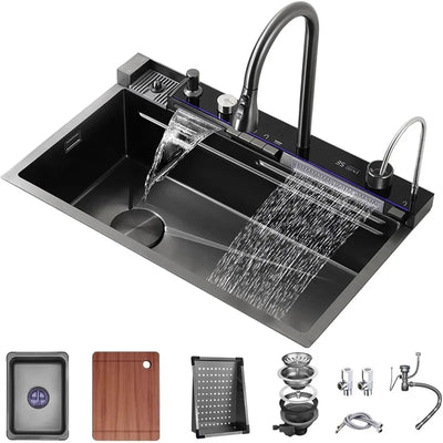 Black Kitchen Sink, Smart Waterfall Kitchen Sink  Drop in Kitchen Sink Workstation - 304 Stainless Steel Sink