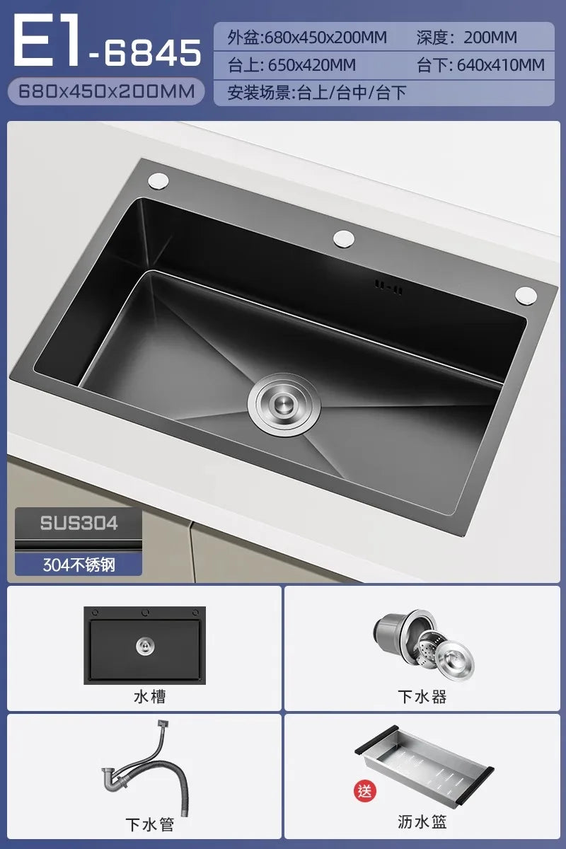 Stainless steel black sink, large single sink, hand-thickened kitchen under-counter basin, vegetable basin, dishwasher