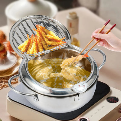 Stainless Steel Oil Pan Household Thermometer With Cover Tempura Oil Fryer Small Oil Saving French Fries Frying Pan Kitchen tool