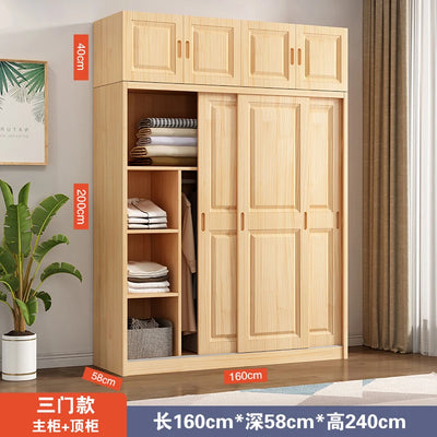 All solid wood pine sliding door wardrobe modern log children's clothes cupboard simple wardrobe home bedroom locker