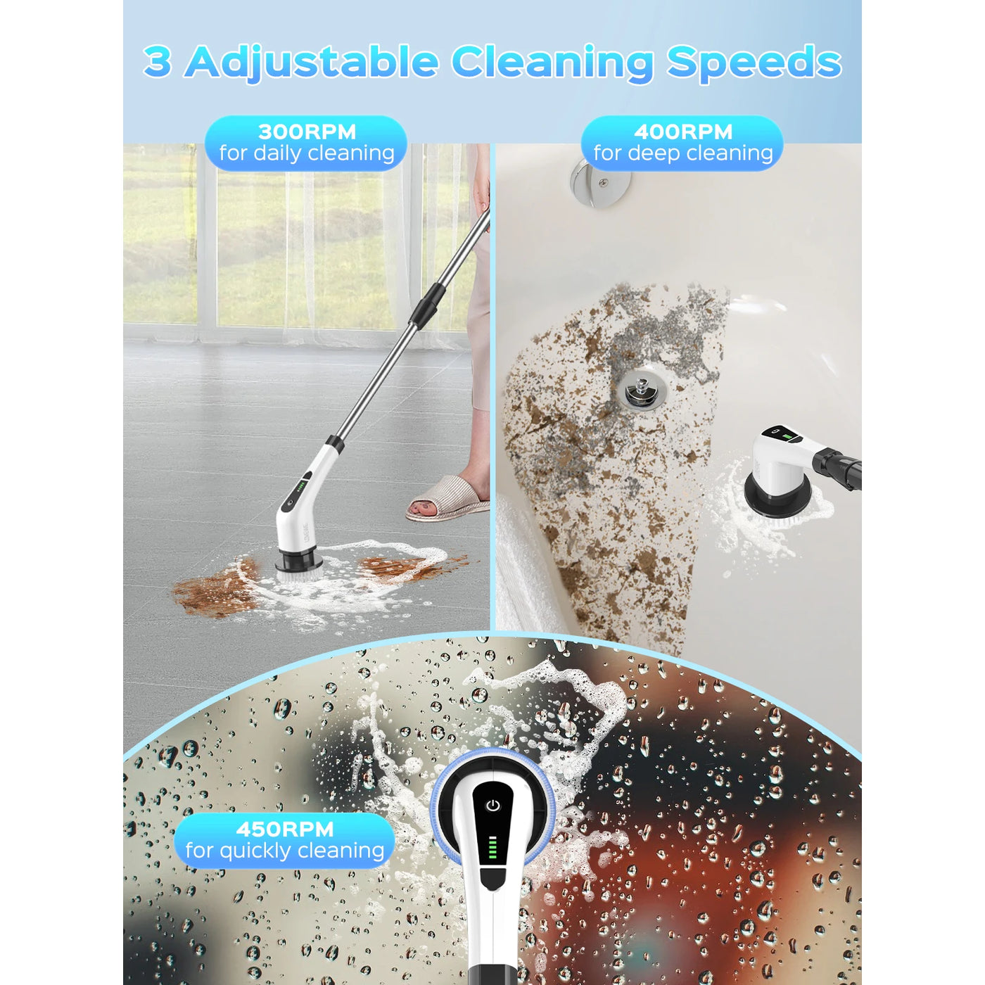 Cordless Electric Spin Scrubber with 7 Replaceable Brush Heads, 3-Speed, Adjustable Handle for Bathroom, Shower, Kitchen