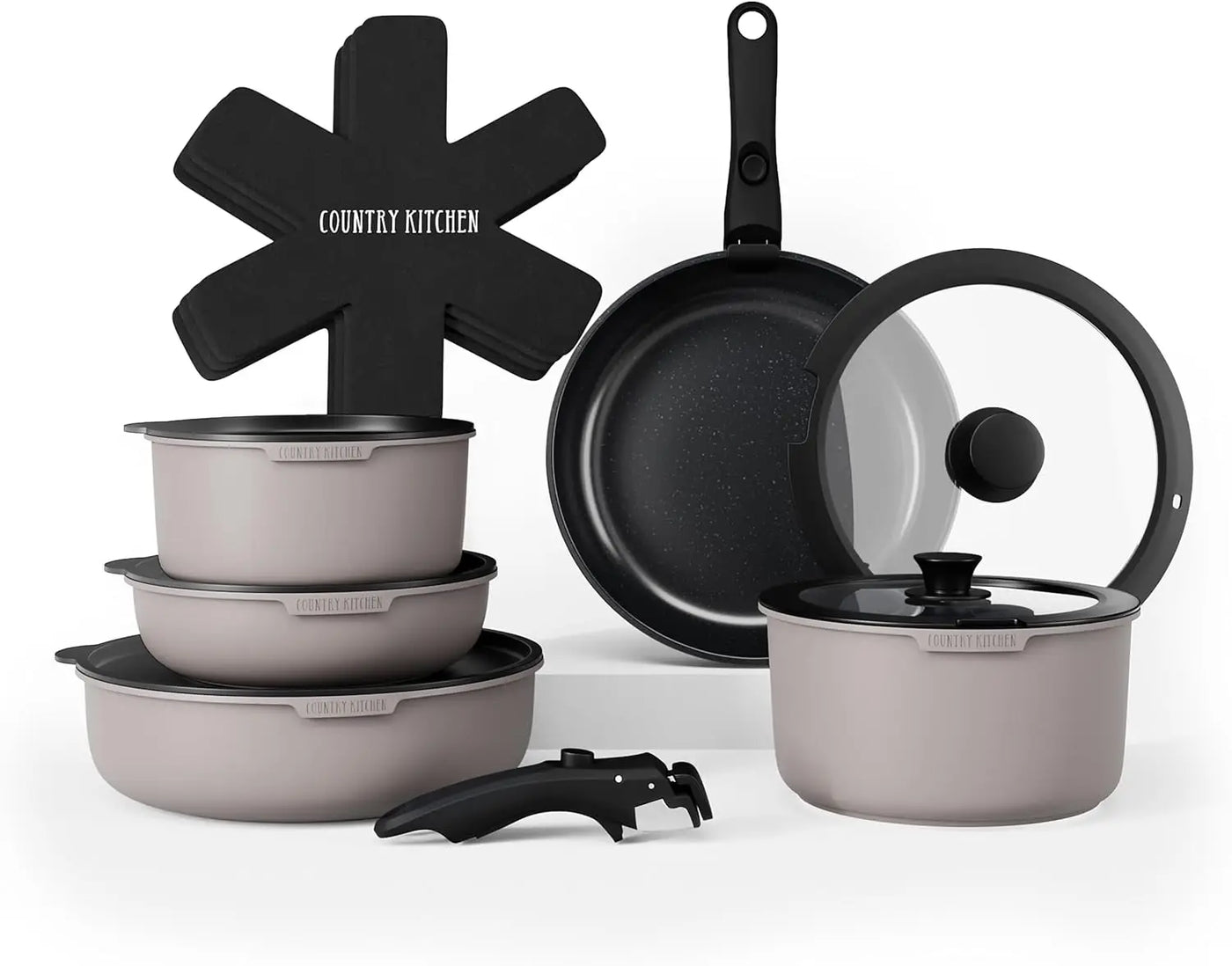 Cookware Set with Removable Handle, Oven & RV Safe Pots and Pans Set, Black/Grey Wood Handle