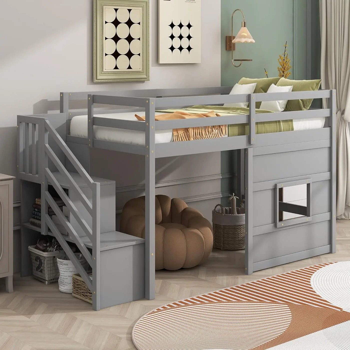 Low Loft Bed with Stairs, Twin Bed Frame for Kids with Storage, Gray