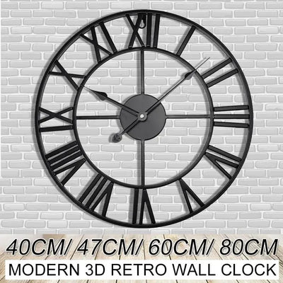 40/47/60/80cm Wall Clock Modern 3D Large Retro Black Iron Round Hollow Metal Wall Clock Nordic Roman Numerals Clock Home Decor