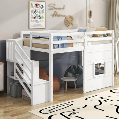 Low Loft Bed with Stairs, Twin Bed Frame for Kids with Storage, Gray