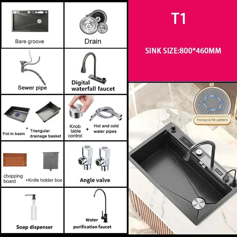 304 Stainless Steel Kitchen Waterfall Sink Digital Display Large Single Sink Dish Basin Sink with Multifunction Touch Waterfall