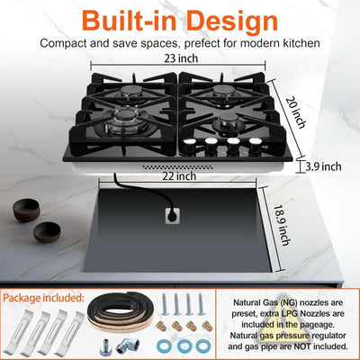 Gas Stove Top 24 inch，24 inch Gas Cooktop4 Burner，Black Tempered Glass Dual Burners Propane Cooktop with Thermocouple Protection