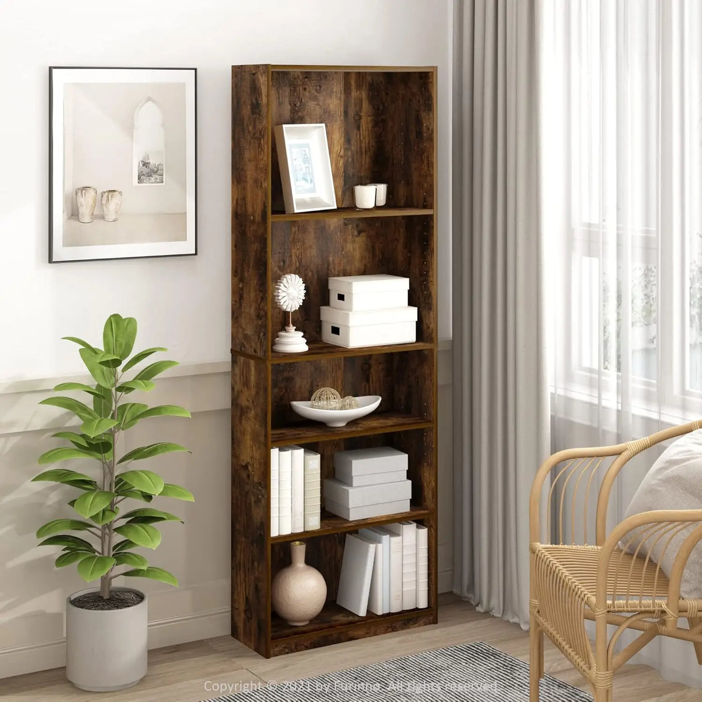 Simply Home Adjustable Shelf Bookcase, 5-Tier, Amber Pine