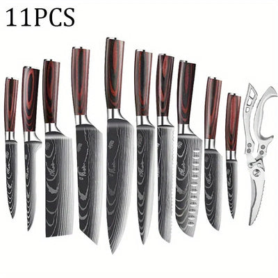 Kitchen Chef Knife Set,High Carbon Stainless Steel Damascus Drawing Gyuto Cleaver Set Slicer Santoku Chef Knife Kitchen Scissors