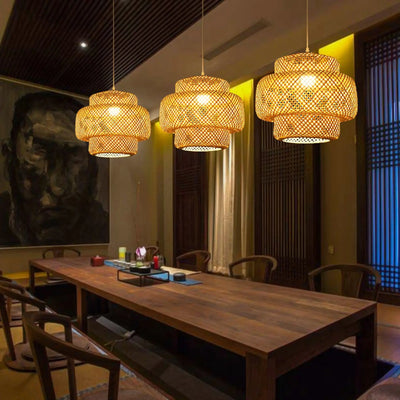 3X Handmade Bamboo Lampshade Pendant Ceiling DIY Restaurant Aisle Lamp Shades Weave Hanging Light (Without Light Source)