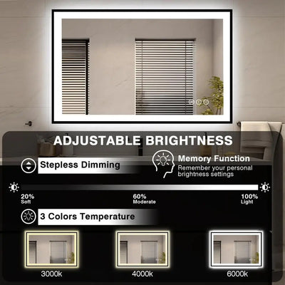 LED Bathroom Vanity Mirror Black Aluminum Frame Front & Backlit Anti-Fog Lights Stepless Dimmable Shatter-Proof Touch Memory