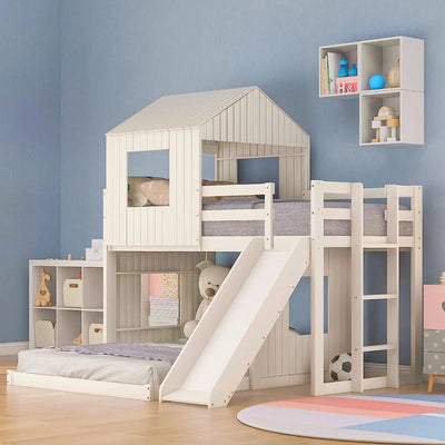 House Floor Bunk Beds with Slide, Wooden Twin Over Full Bunk Beds with Slide, Roof and Guard Rail for Kids