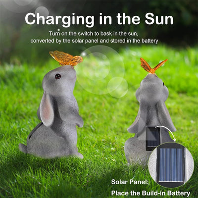 Solar Bunny Statue Garden Decor with Butterfly LED Light Resin Animal Sculpture Figurine Outdoor Decoration for Garden Courtyard