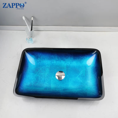 ZAPPO Tempered Glass Bathroom Vessel Sink with Waterfall Black Faucet Tap Bathroom Oval Blue Vessel Sinks Above Counter Basin