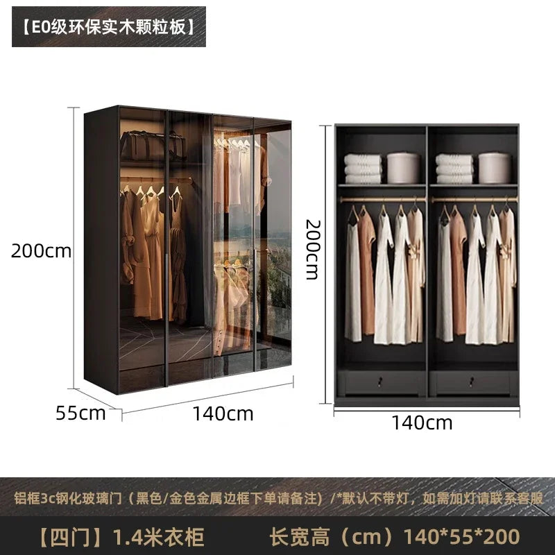 Solid wood wardrobe, bedroom home glass door L-shaped modern light luxury corner cloakroom storage cabinet combination wardrobe