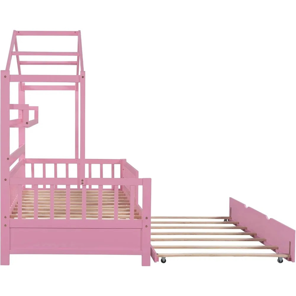 Twin Size House Bed Frame with Trundle,Bed Frame for Kids,House Bed Frame with Shelf for,Twin Size Daybed with Trundle with Slat