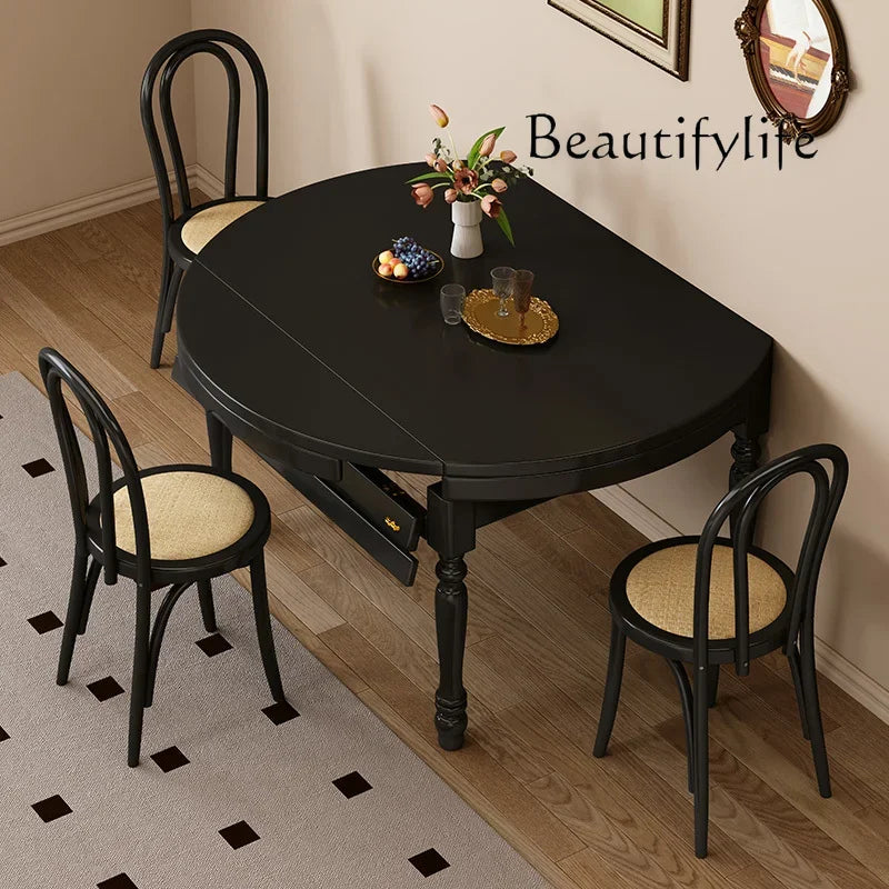 Retro French all solid wood retractable round dining table small apartment household folding square table