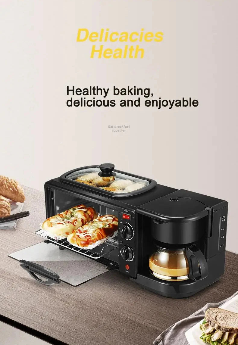 110V Electric Breakfast Machine 3 in 1 Multifunction Breakfast Maker Mini Drip Coffee Maker Bread Pizza Oven Frying Pan Toaster