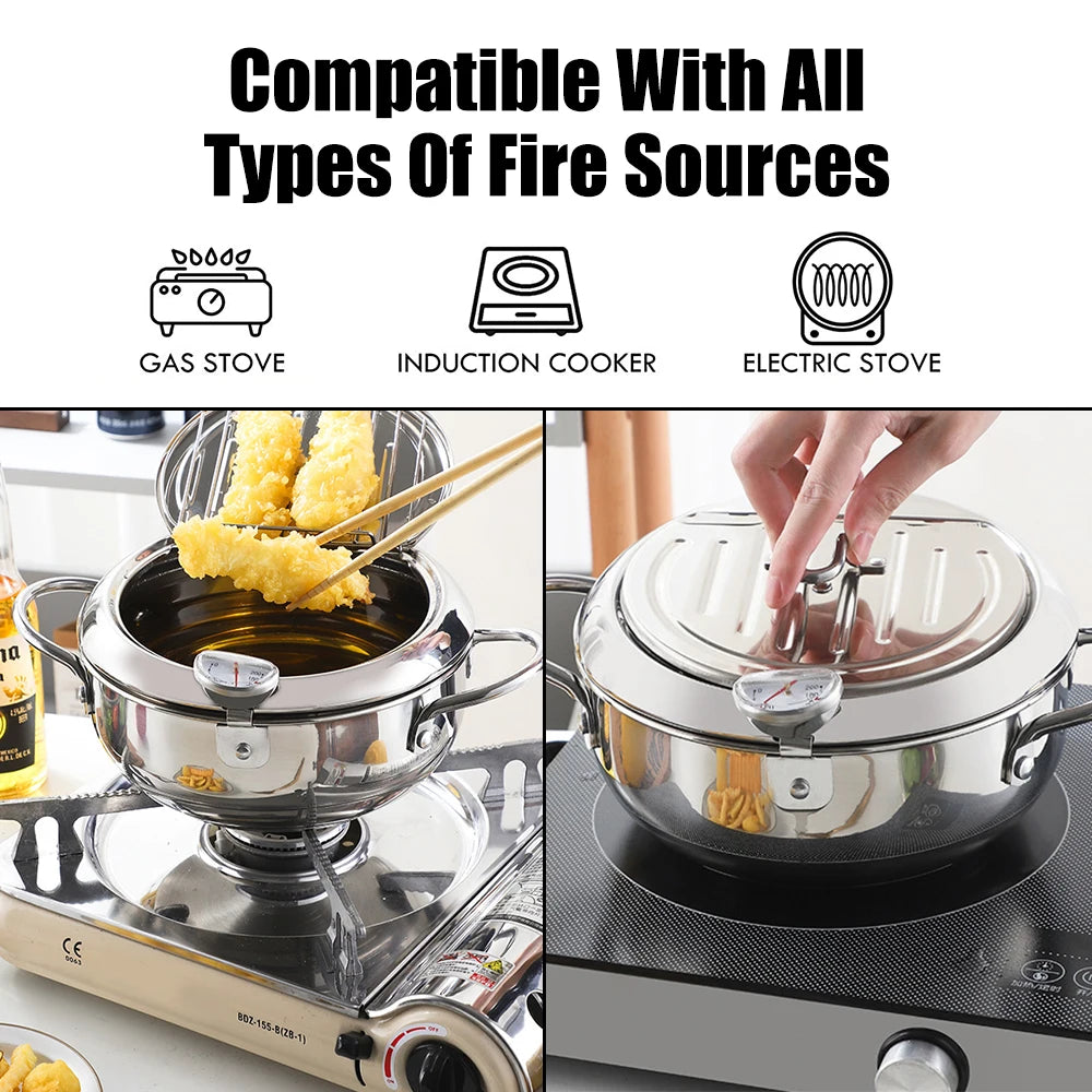 304 Stainless Steel Cooking Tool 2.2L Deep Frying Pot 2 Handles Tempura Fryer Pan With Thermometer and Lid Japanese Style